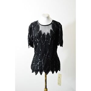 Stenay Beaded Silk Top Women S Black Vintage Sequin Scalloped Art Deco‎ Evening